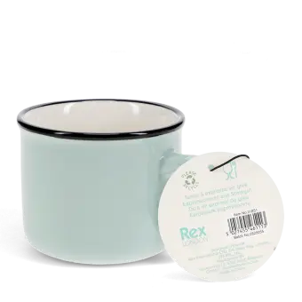 Stoneware espresso mug in light blue with tag.