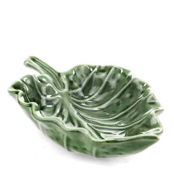 Green ceramic leaf-shaped trinket dish