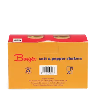 Back of Burger salt and pepper shakers packaging with printed barcode.