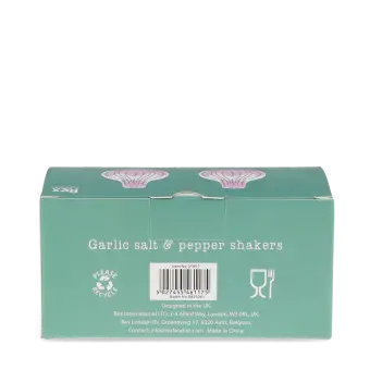 Back of garlic‑shaped salt and pepper shakers packaging with printed barcode.
