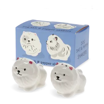 Dog‑shaped ceramic salt and pepper shakers with gift box.
