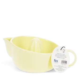 Yellow stoneware lemon squeezer with handle, spout and an attached product tag.