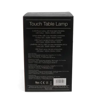 USB rechargeable lamp packaging box showing product information.
