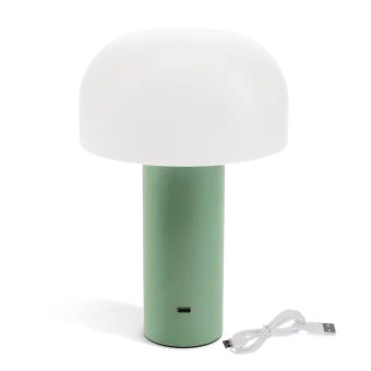 USB lamp with a white dome shade and green base.