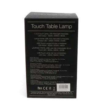 USB rechargeable lamp packaging box showing product information.