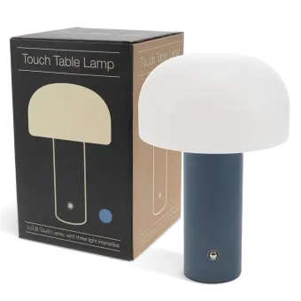USB lamp with a white dome shade and blue base, shown next to its box