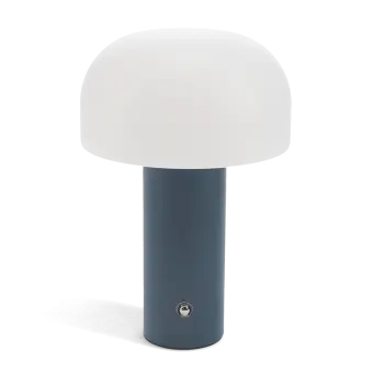 USB lamp with a white dome shade and blue base.