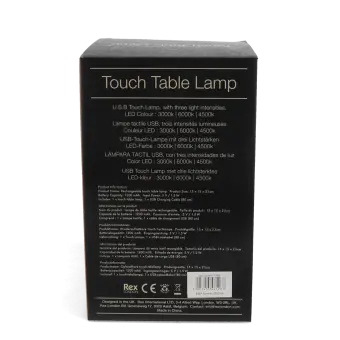 USB rechargeable lamp packaging box showing product information.