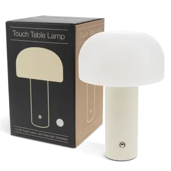 USB lamp with a white dome shade and grey base, shown next to its box