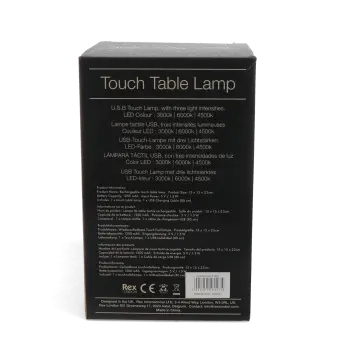 USB rechargeable lamp packaging box showing product information.