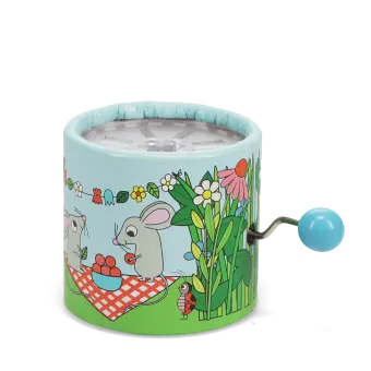 Garden‑themed winding music box with illustrated mice, flowers, and plants, featuring a blue turning handle.