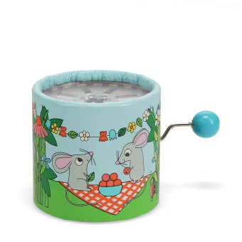 Garden‑themed winding music box with illustrated mice, flowers, and plants, featuring a blue turning handle.