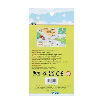 Back of colourful vehicle-themed puffy stickers with safety warnings and barcode