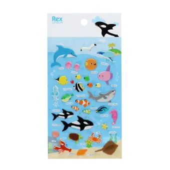 Sheet of colourful sea animal puffy stickers featuring dolphins, whales, fish, sharks, turtles and other ocean creatures.