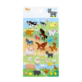 Sheet of colourful 3D puffy farm animal stickers including cows, pigs, sheep, horses, chickens, ducks .