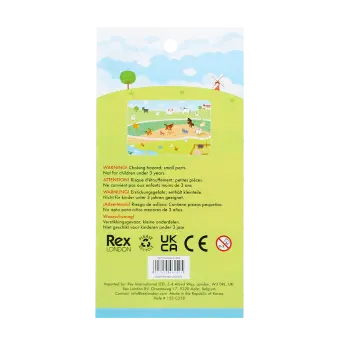 Back of farm animals stickers packaging with safety warnings descriptions.