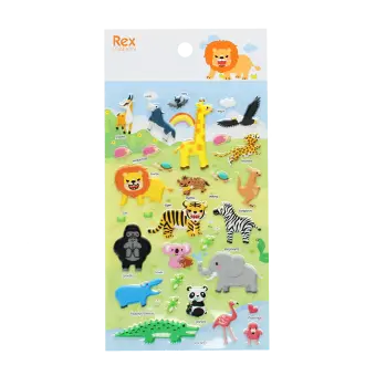 Sheet of colourful 3D puffy safari animal stickers featuring lions, giraffes, elephants, zebras, monkeys, crocodiles 