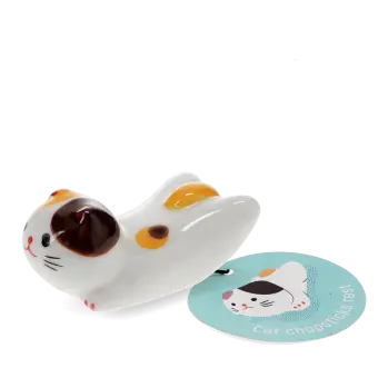 Ceramic cat‑shaped chopstick rest with brown and yellow patches with tag.