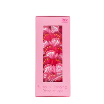 Butterfly hanging decorations in a pink gift box.   