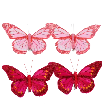 four butterfly clip decorations in light pink and dark pink,