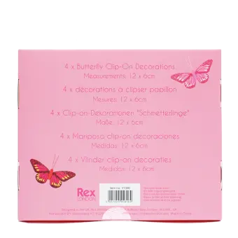 Back of  Butterfly clip decorations box with descriptions and barcode.