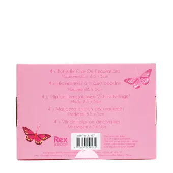 Back of butterfly clip-on decorations box showing with descriptions and barcode.