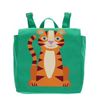 Green children’s backpack with colorful tiger design.