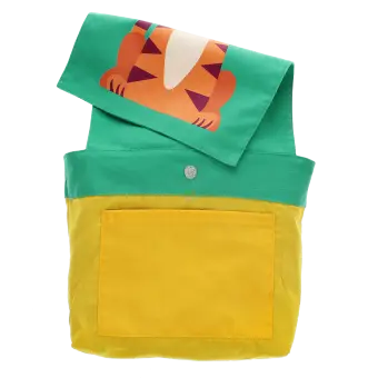 Inside of children’s backpack showing yellow lining, inner pocket, snap closure, and patterned flap