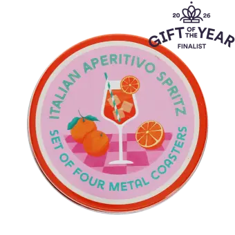 Four round coaster with Italian Aperitivo Spritz design in a storage tin - gift of the year final list