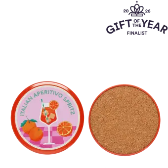 Four round coaster with Italian Aperitivo Spritz design in a storage tin - gift of the year final list