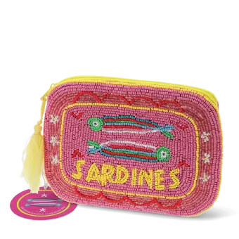 Pink beaded makeup bag with two colourful sardines and a yellow tassel with tag.
