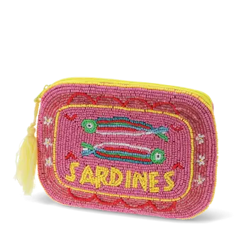 Pink beaded makeup bag with two colourful sardines and a yellow tassel.