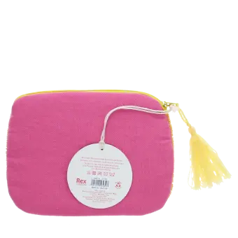 Back of pink beaded makeup bag with tag.