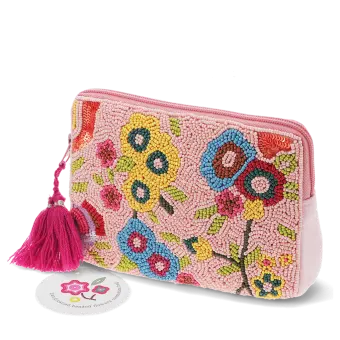 Pink beaded makeup bag with colourful floral designs and a bright pink tassel.