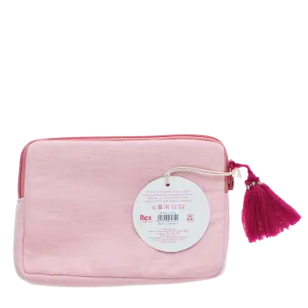 Back of pink beaded makeup bag with tag.