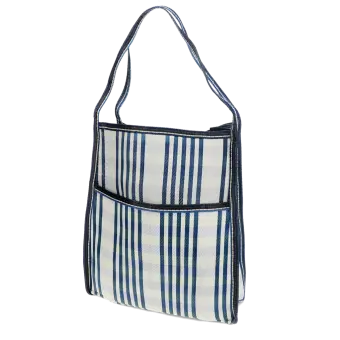 Blue and white striped woven bag with a front pocket and shoulder strap.