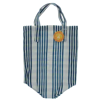 Blue and white striped woven shopping bag with handles and a tag.