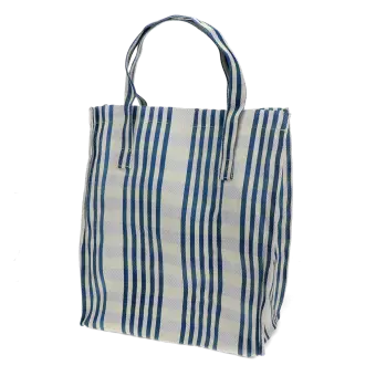 Blue and white striped woven shopping bag with handles.