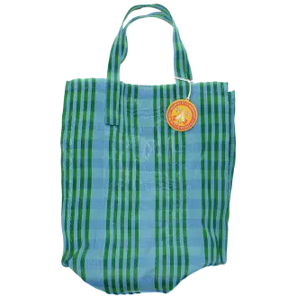 Green and blue striped woven shopping bag with handles and a tag.