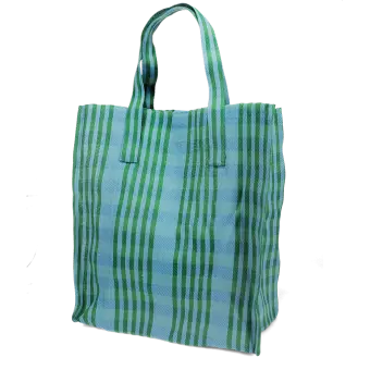Green and blue striped woven shopping bag with handles.