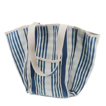 Blue and white striped woven tote bag with canvas handles.