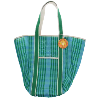 Blue and green striped woven tote bag with canvas handles and a tag.