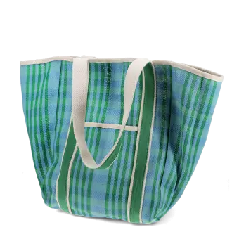 Blue and green striped woven tote bag with canvas handles.