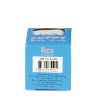 Back of Puppy Roller Stamp box showing the barcode and manufacturer details.