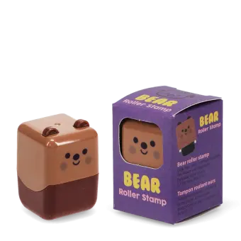 Brown Bear-themed roller stamp with packaging on the side.