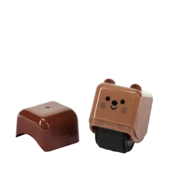 Brown bear-themed roller stamp with the cap removed,