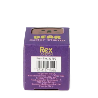 Back of the bear roller stamp box showing the barcode and manufacturer details.