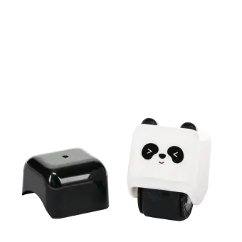Panda-themed roller stamp with the cap removed, 