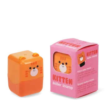 Kitten-themed roller stamp with pink packaging.