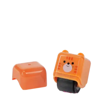 Kitten-themed roller stamp with the cap removed.